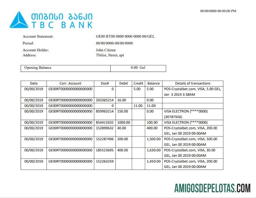 modelo de comprovante de endereço do Georgia TBC Bank em branco em formato Word e PDF